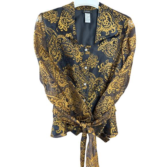 MKC Long Sheer Sleeve Button Up Belted Formal Semi Formal Blouse Medium - Picture 4 of 9